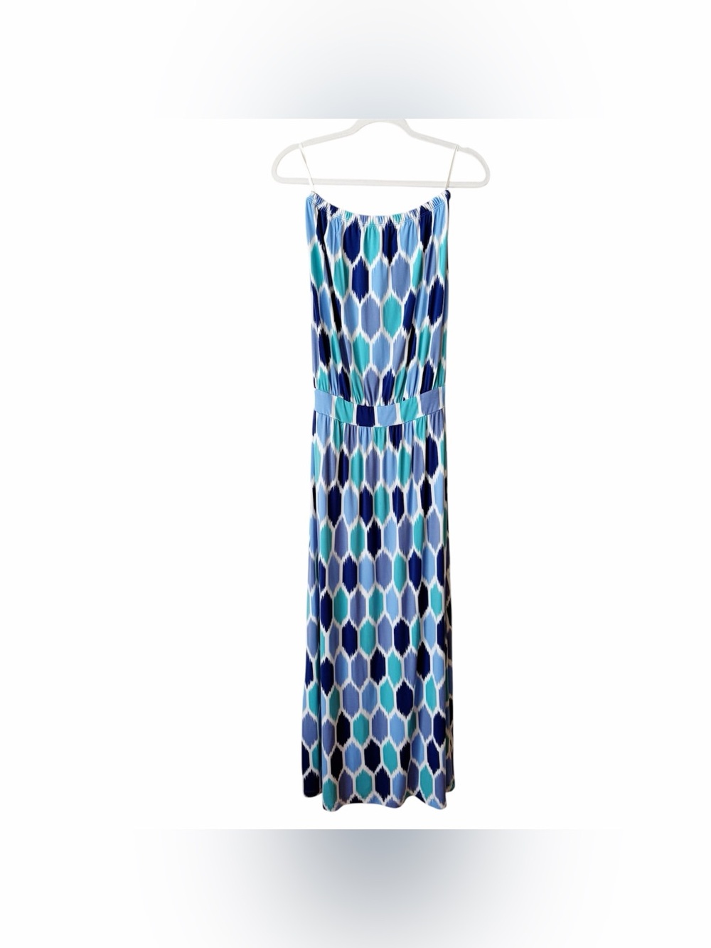Tori Richard | Strapless Maxi Dress Diamond Print Blue Turquoise Resort Small